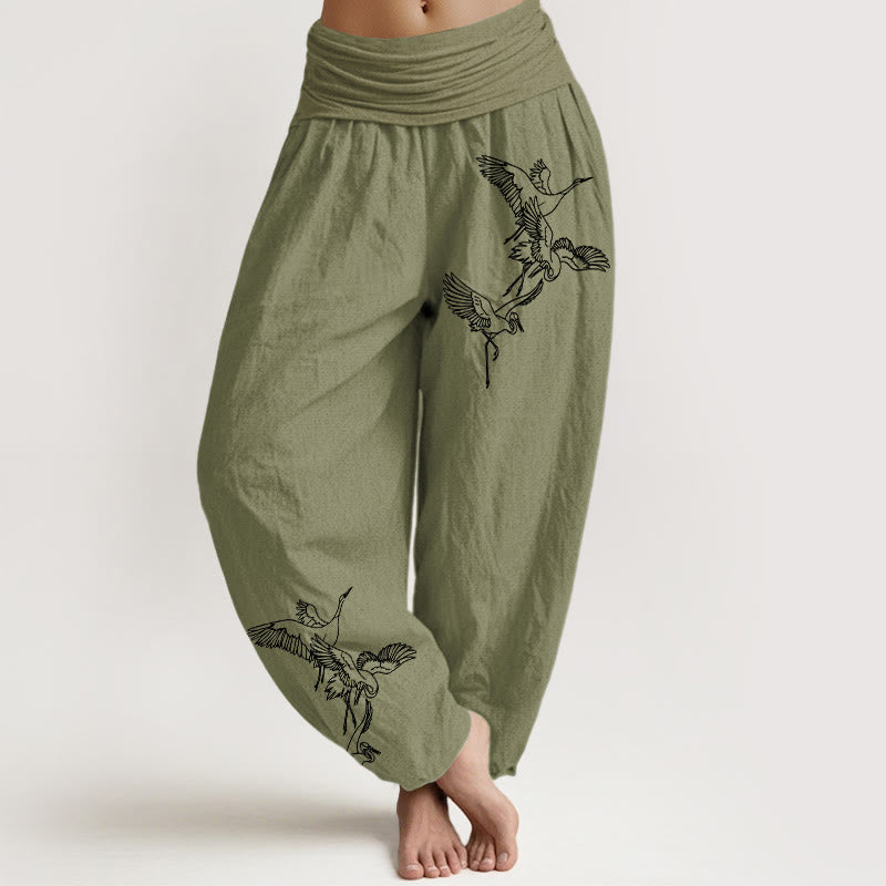 Pantalon sarouel en coton à taille élastique pour femme, motif grue volante et Buddha Stones - Vert olive - US22，UK/AU26，EU54 (6XL) - image 14