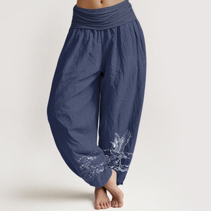 Pantalon sarouel en coton à taille élastique pour femme, motif grue et Buddha Stones - Bleu ardoise foncé - US22，UK/AU26，EU54 (6XL) - image 0