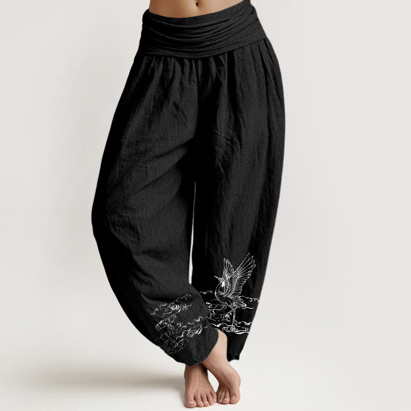 Pantalon sarouel en coton à taille élastique pour femme, motif grue et Buddha Stones - Noir - US22，UK/AU26，EU54 (6XL) - image 5