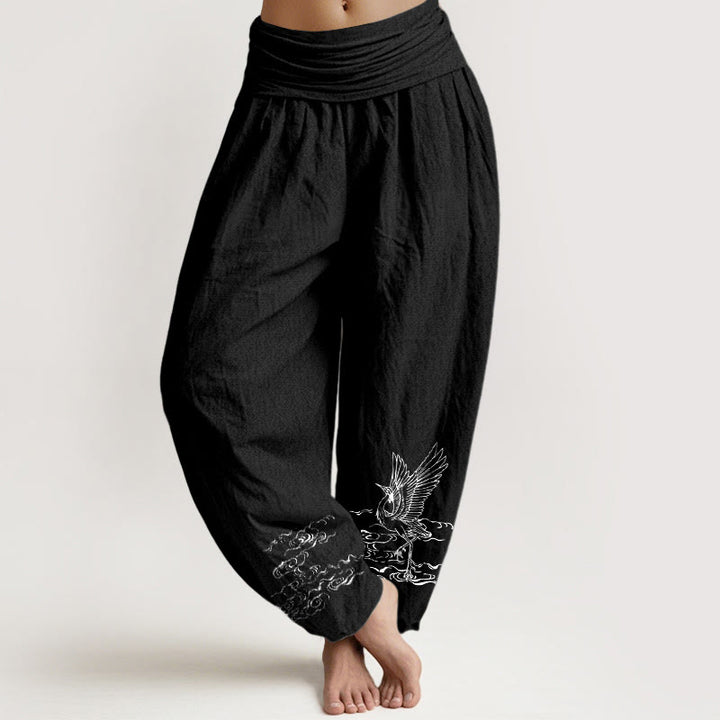 Pantalon sarouel en coton à taille élastique pour femme, motif grue et Buddha Stones - Noir - US22，UK/AU26，EU54 (6XL) - image 5