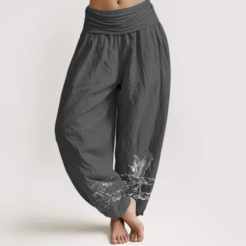 Pantalon sarouel en coton à taille élastique pour femme, motif grue et Buddha Stones - Gris sombre - US22，UK/AU26，EU54 (6XL) - image 8