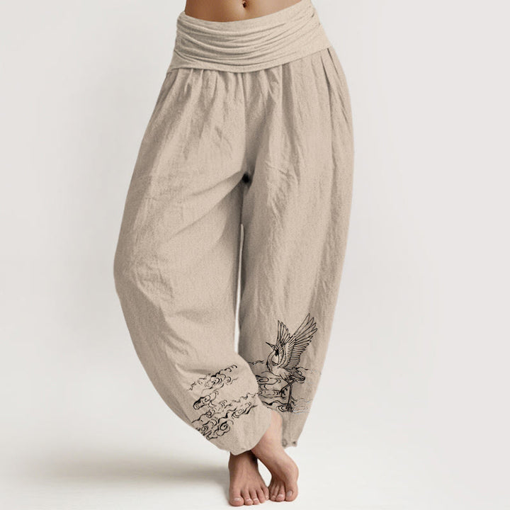 Pantalon sarouel en coton à taille élastique pour femme, motif grue et Buddha Stones - Tanné - US22，UK/AU26，EU54 (6XL) - image 11