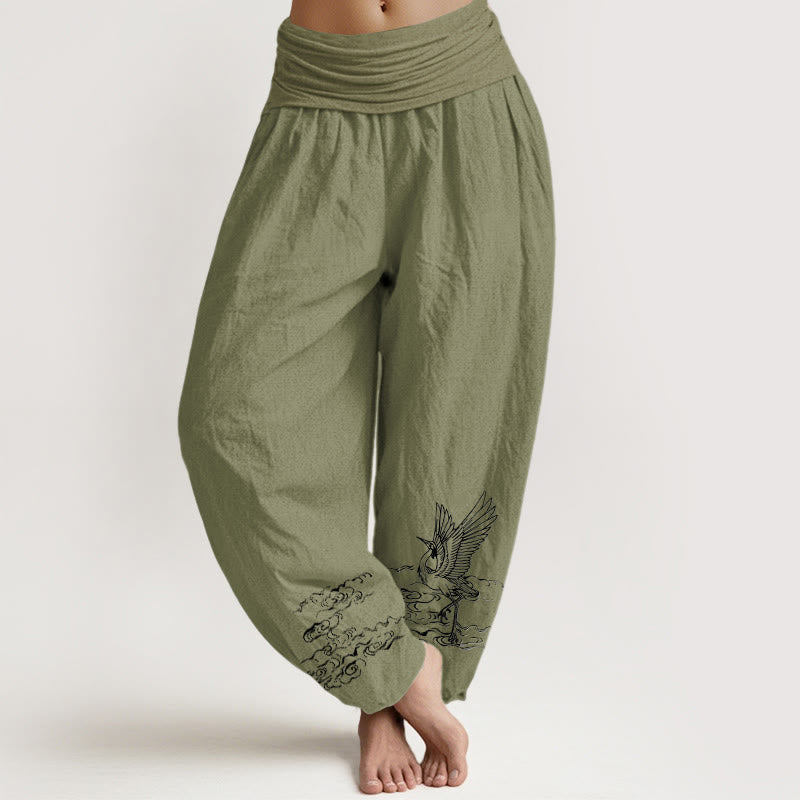Pantalon sarouel en coton à taille élastique pour femme, motif grue et Buddha Stones - Vert olive - US22，UK/AU26，EU54 (6XL) - image 14