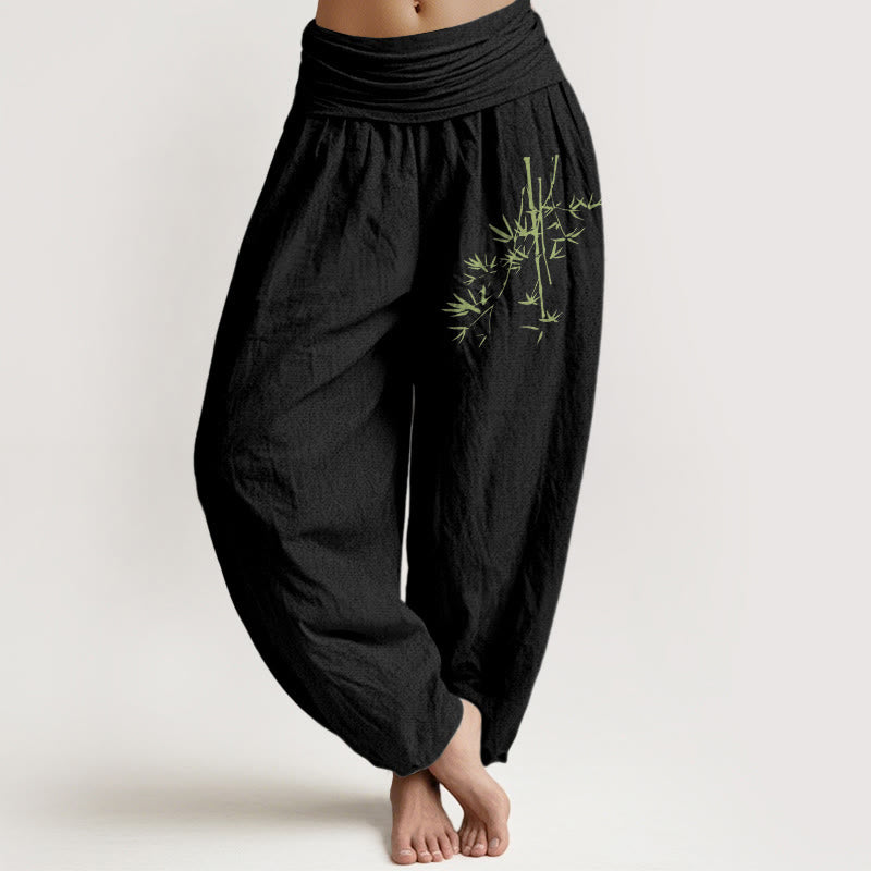 Pantalon sarouel en coton à taille élastique pour femme, motif Buddha Stones, tiges de bambou et feuilles - Noir - US22，UK/AU26，EU54 (6XL) - image 0
