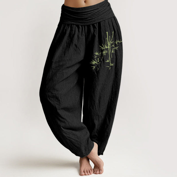 Pantalon sarouel en coton à taille élastique pour femme, motif Buddha Stones, tiges de bambou et feuilles - Noir - US22，UK/AU26，EU54 (6XL) - image 0