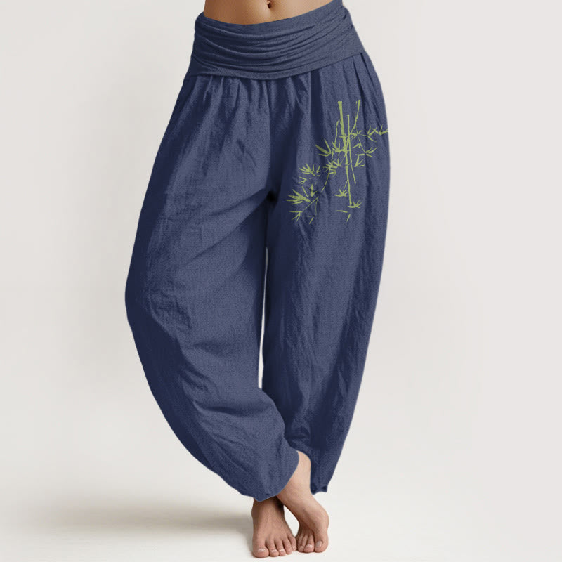 Pantalon sarouel en coton à taille élastique pour femme, motif Buddha Stones, tiges de bambou et feuilles - Bleu ardoise foncé - US22，UK/AU26，EU54 (6XL) - image 5