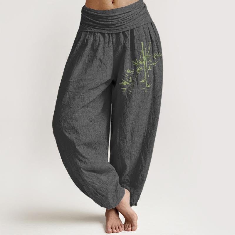 Pantalon sarouel en coton à taille élastique pour femme, motif Buddha Stones, tiges de bambou et feuilles - Gris foncé - US22，UK/AU26，EU54 (6XL) - image 8