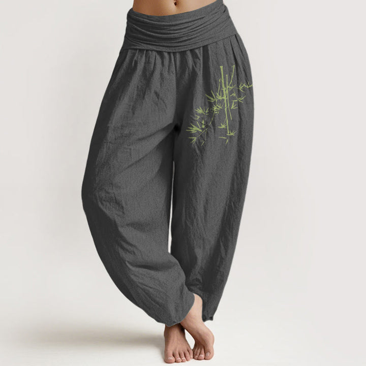 Pantalon sarouel en coton à taille élastique pour femme, motif Buddha Stones, tiges de bambou et feuilles - Gris foncé - US22，UK/AU26，EU54 (6XL) - image 8