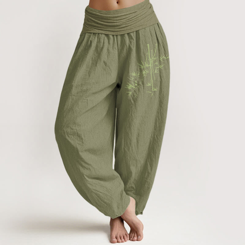 Pantalon sarouel en coton à taille élastique pour femme, motif Buddha Stones, tiges de bambou et feuilles - OliveDrab - US22，UK/AU26，EU54 (6XL) - image 14