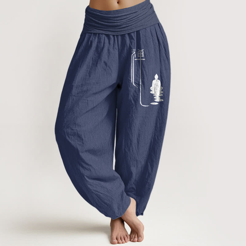 Pantalon sarouel en coton à taille élastique pour femme, motif bouddhiste zen et Buddha Stones de Bouddha - Bleu ardoise foncé - US22，UK/AU26，EU54 (6XL) - image 0