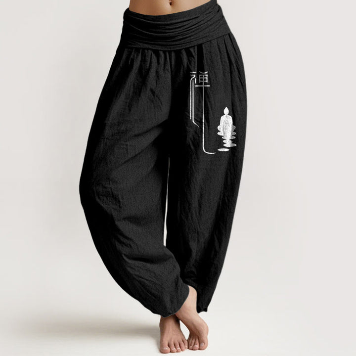 Pantalon sarouel en coton à taille élastique pour femme, motif bouddhiste zen et Buddha Stones de Bouddha - Noir - US22，UK/AU26，EU54 (6XL) - image 5
