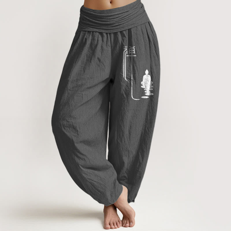 Pantalon sarouel en coton à taille élastique pour femme, motif bouddhiste zen et Buddha Stones de Bouddha - Gris foncé - US22，UK/AU26，EU54 (6XL) - image 8