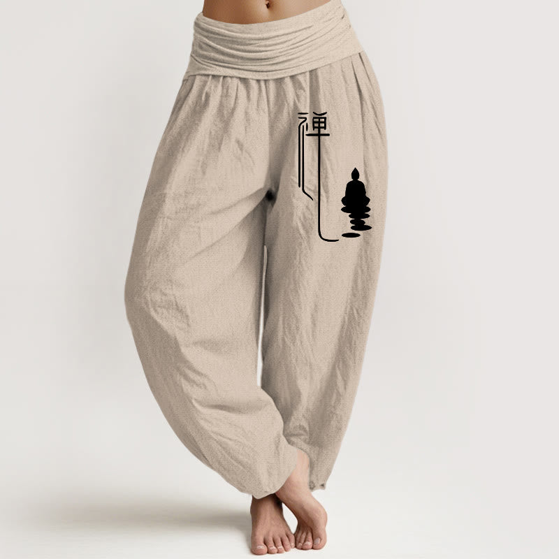 Pantalon sarouel en coton à taille élastique pour femme, motif bouddhiste zen et Buddha Stones de Bouddha - Tanné - US22，UK/AU26，EU54 (6XL) - image 11