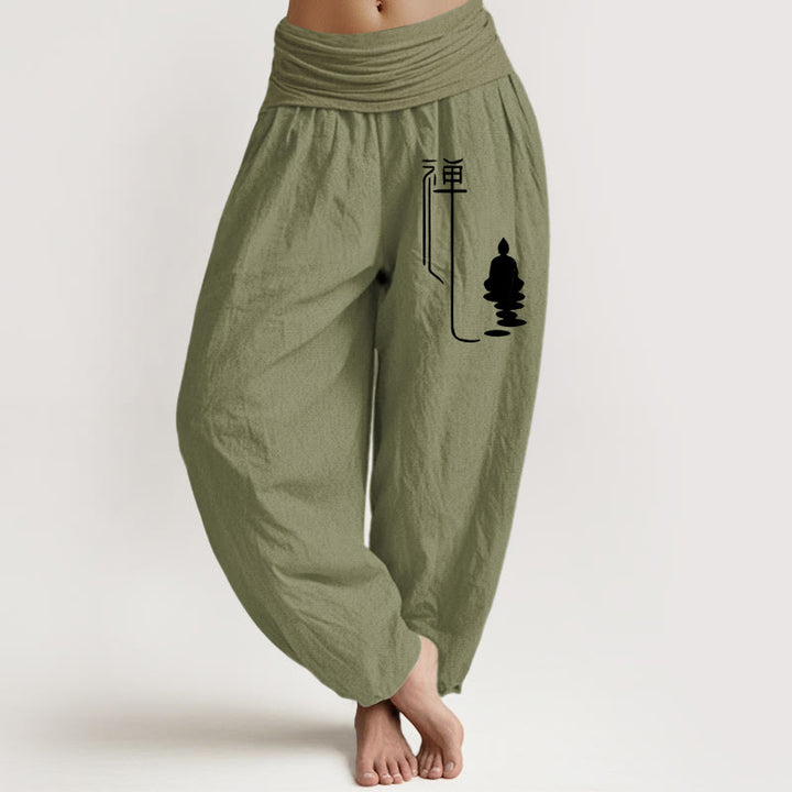 Pantalon sarouel en coton à taille élastique pour femme, motif bouddhiste zen et Buddha Stones de Bouddha - Vert olive - US22，UK/AU26，EU54 (6XL) - image 14