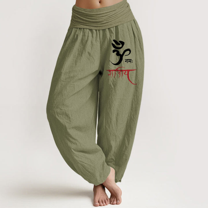 Pantalon sarouel en coton à taille élastique pour femme, motif Buddha Stones et sorts Om - Vert olive - US22，UK/AU26，EU54 (6XL) - image 0