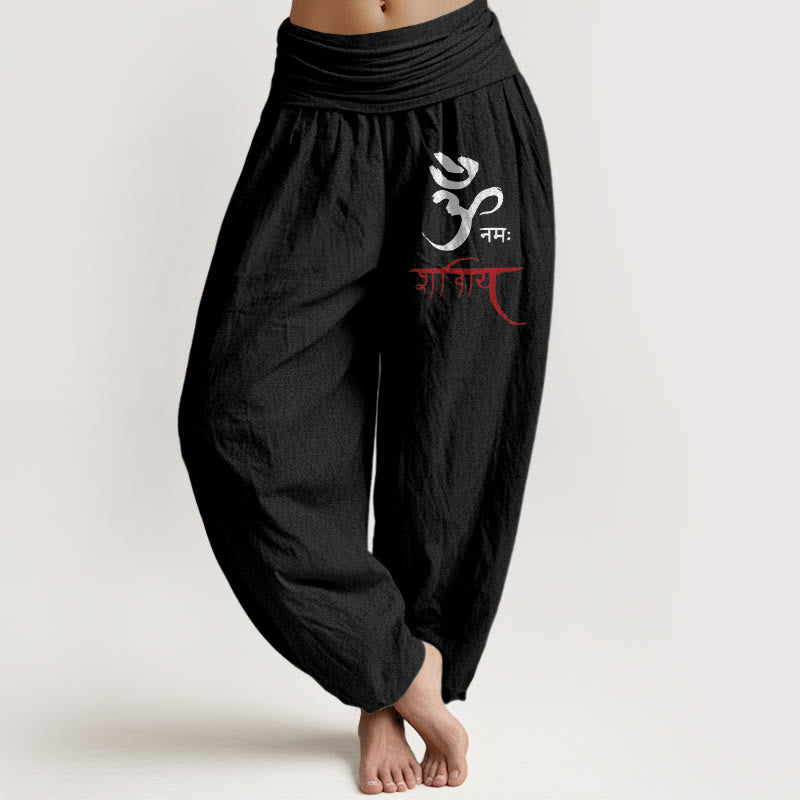 Pantalon sarouel en coton à taille élastique pour femme, motif Buddha Stones et sorts Om - Noir - US22，UK/AU26，EU54 (6XL) - image 5