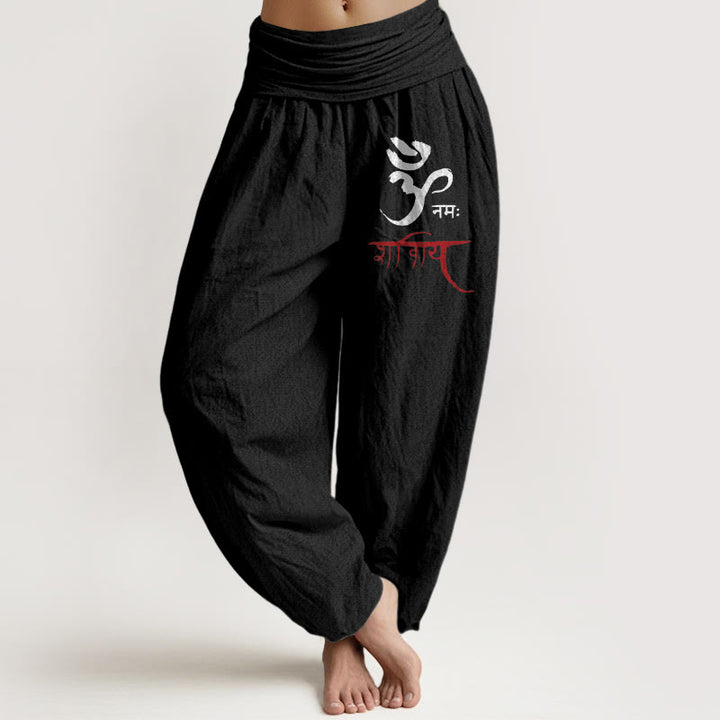 Pantalon sarouel en coton à taille élastique pour femme, motif Buddha Stones et sorts Om - Noir - US22，UK/AU26，EU54 (6XL) - image 5