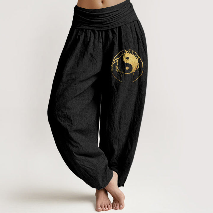 Pantalon sarouel en coton à taille élastique pour femme, motif main Yin Yang et Buddha Stones - Noir - US22，UK/AU26，EU54 (6XL) - image 0