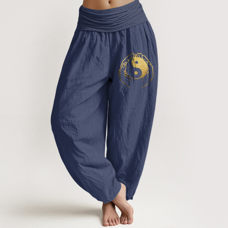 Pantalon sarouel en coton à taille élastique pour femme, motif main Yin Yang et Buddha Stones - Bleu ardoise foncé - US22，UK/AU26，EU54 (6XL) - image 5