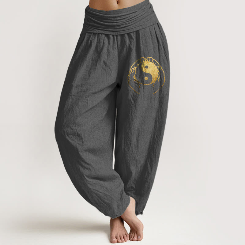 Pantalon sarouel en coton à taille élastique pour femme, motif main Yin Yang et Buddha Stones - Gris sombre - US22，UK/AU26，EU54 (6XL) - image 8