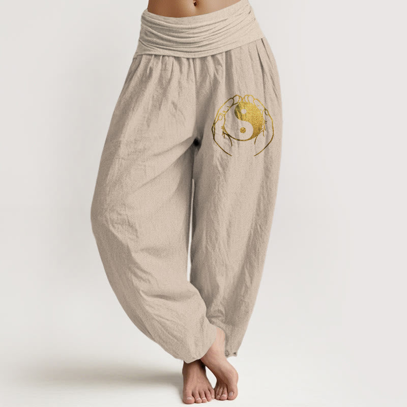 Pantalon sarouel en coton à taille élastique pour femme, motif main Yin Yang et Buddha Stones - Tanné - US22，UK/AU26，EU54 (6XL) - image 11