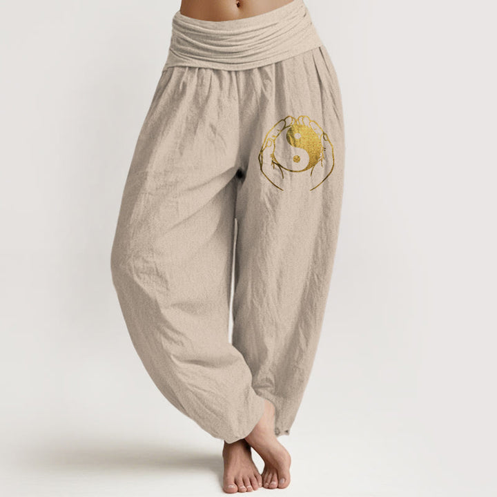 Pantalon sarouel en coton à taille élastique pour femme, motif main Yin Yang et Buddha Stones - Tanné - US22，UK/AU26，EU54 (6XL) - image 11