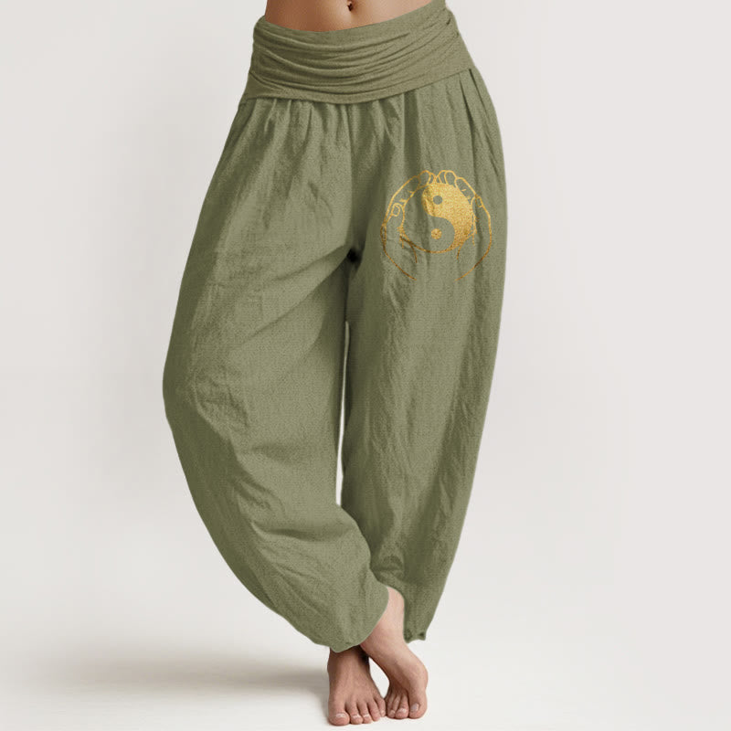 Pantalon sarouel en coton à taille élastique pour femme, motif main Yin Yang et Buddha Stones - Vert olive - US22，UK/AU26，EU54 (6XL) - image 14
