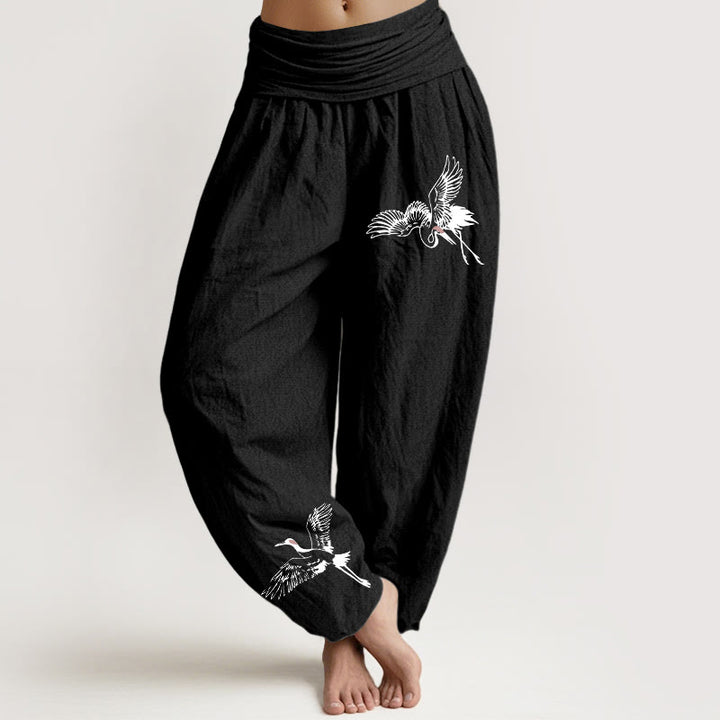 Pantalon sarouel en coton à taille élastique pour femme, motif grues à couronne rouge volantes et Buddha Stones - Noir - US22，UK/AU26，EU54 (6XL) - image 0
