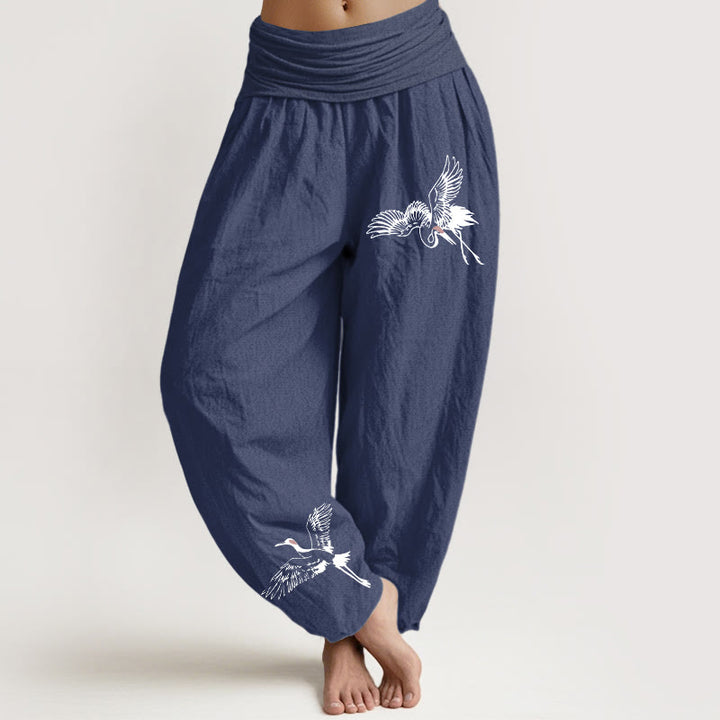 Pantalon sarouel en coton à taille élastique pour femme, motif grues à couronne rouge volantes et Buddha Stones - Bleu ardoise foncé - US22，UK/AU26，EU54 (6XL) - image 5