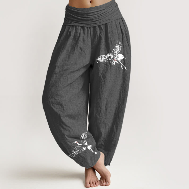 Pantalon sarouel en coton à taille élastique pour femme, motif grues à couronne rouge volantes et Buddha Stones - Gris terne - US22，UK/AU26，EU54 (6XL) - image 8