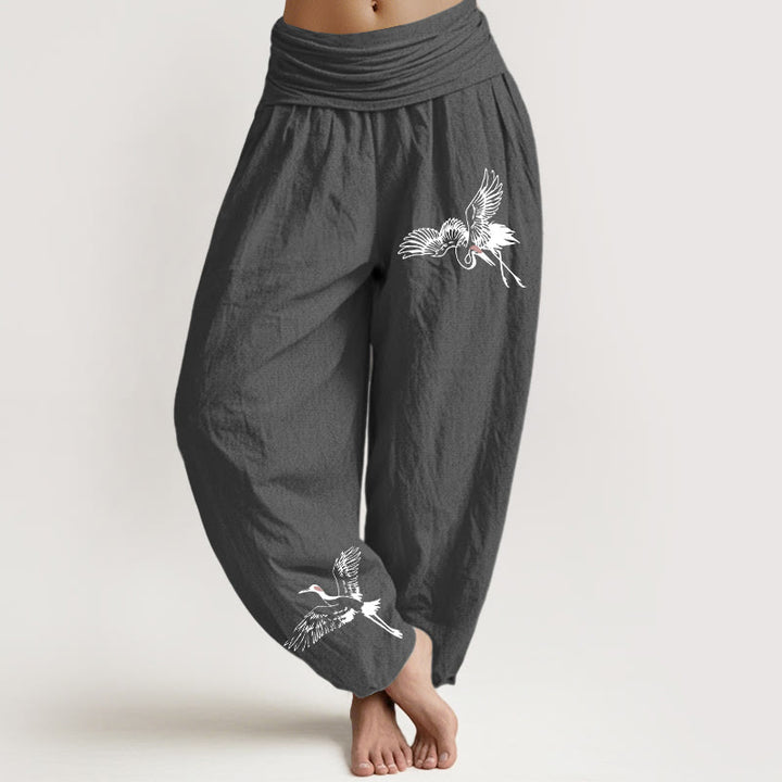 Pantalon sarouel en coton à taille élastique pour femme, motif grues à couronne rouge volantes et Buddha Stones - Gris terne - US22，UK/AU26，EU54 (6XL) - image 8