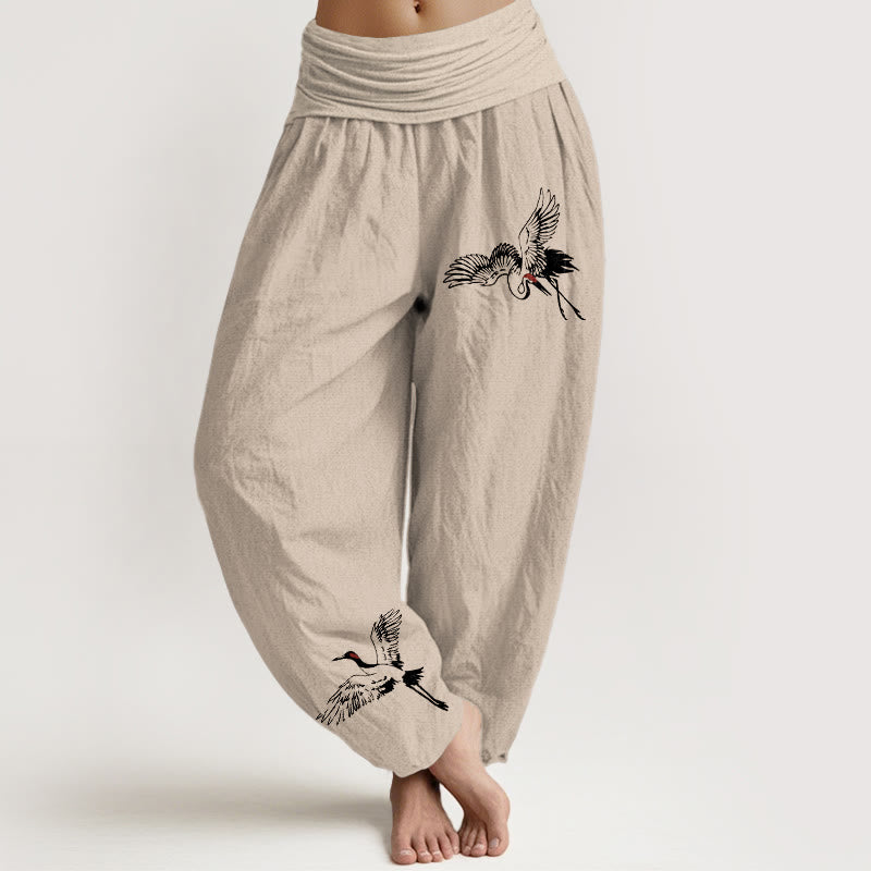 Pantalon sarouel en coton à taille élastique pour femme, motif grues à couronne rouge volantes et Buddha Stones - Tanné - US22，UK/AU26，EU54 (6XL) - image 11