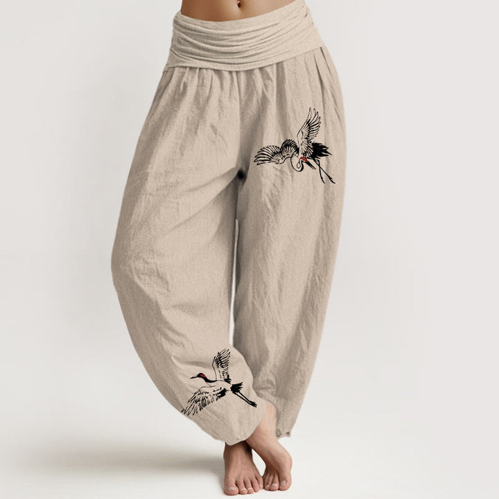 Pantalon sarouel en coton à taille élastique pour femme, motif grues à couronne rouge volantes et Buddha Stones - Tanné - US22，UK/AU26，EU54 (6XL) - image 11