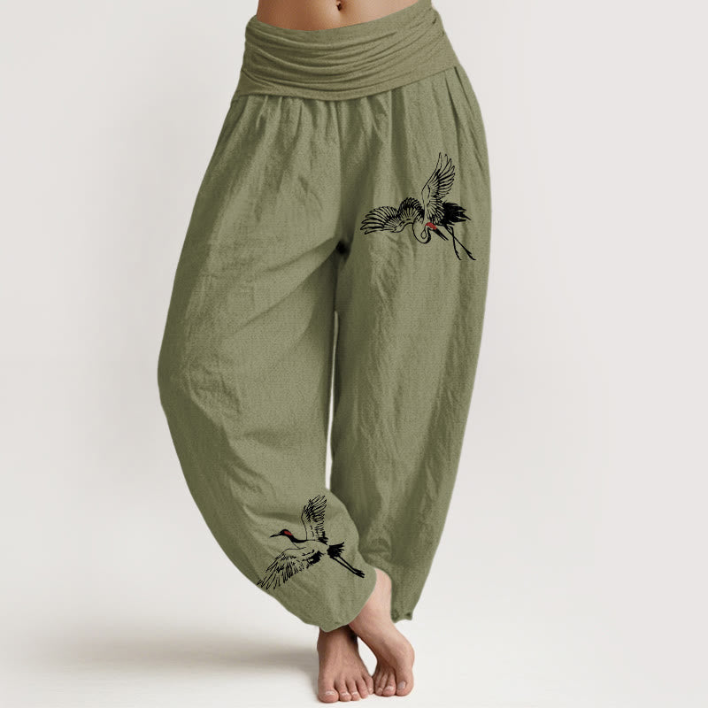 Pantalon sarouel en coton à taille élastique pour femme, motif grues à couronne rouge volantes et Buddha Stones - Vert olive - US22，UK/AU26，EU54 (6XL) - image 14
