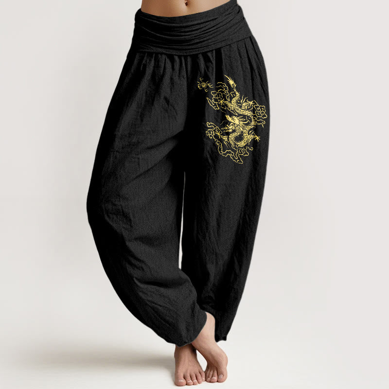 Pantalon sarouel en coton à taille élastique pour femme, imprimé dragon doré et Buddha Stones - Noir - US22，UK/AU26，EU54 (6XL) - image 0