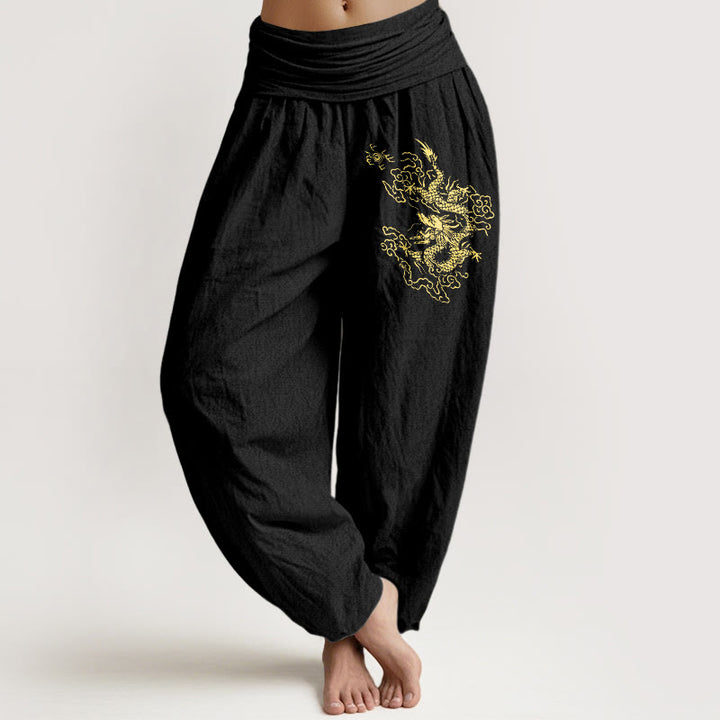 Pantalon sarouel en coton à taille élastique pour femme, imprimé dragon doré et Buddha Stones - Noir - US22，UK/AU26，EU54 (6XL) - image 0