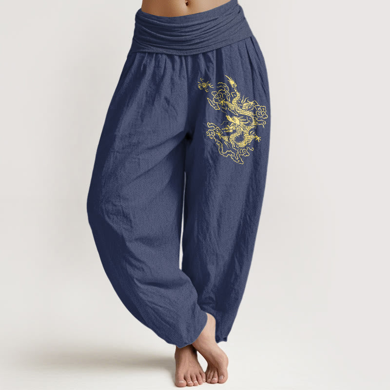 Pantalon sarouel en coton à taille élastique pour femme, imprimé dragon doré et Buddha Stones - Bleu ardoise foncé - US22，UK/AU26，EU54 (6XL) - image 5