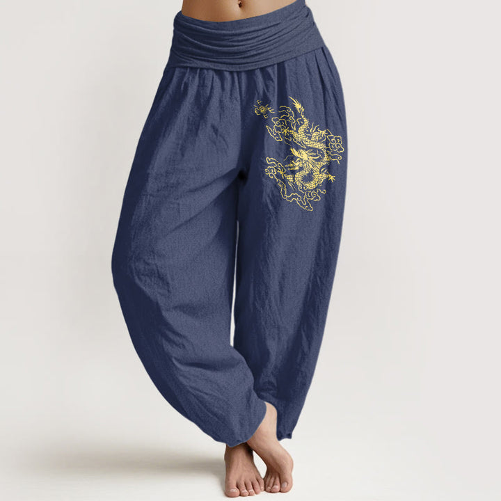 Pantalon sarouel en coton à taille élastique pour femme, imprimé dragon doré et Buddha Stones - Bleu ardoise foncé - US22，UK/AU26，EU54 (6XL) - image 5