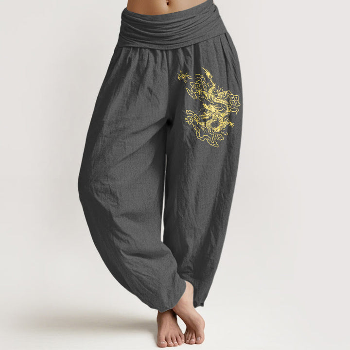 Pantalon sarouel en coton à taille élastique pour femme, imprimé dragon doré et Buddha Stones - Gris foncé - US22，UK/AU26，EU54 (6XL) - image 8