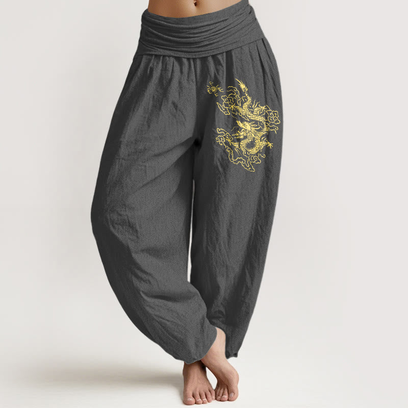 Pantalon sarouel en coton à taille élastique pour femme, imprimé dragon doré et Buddha Stones - Gris terne - US22，UK/AU26，EU54 (6XL) - image 8