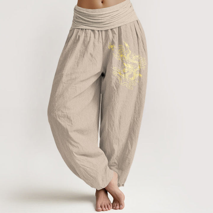 Pantalon sarouel en coton à taille élastique pour femme, imprimé dragon doré et Buddha Stones - Tanné - US22，UK/AU26，EU54 (6XL) - image 11