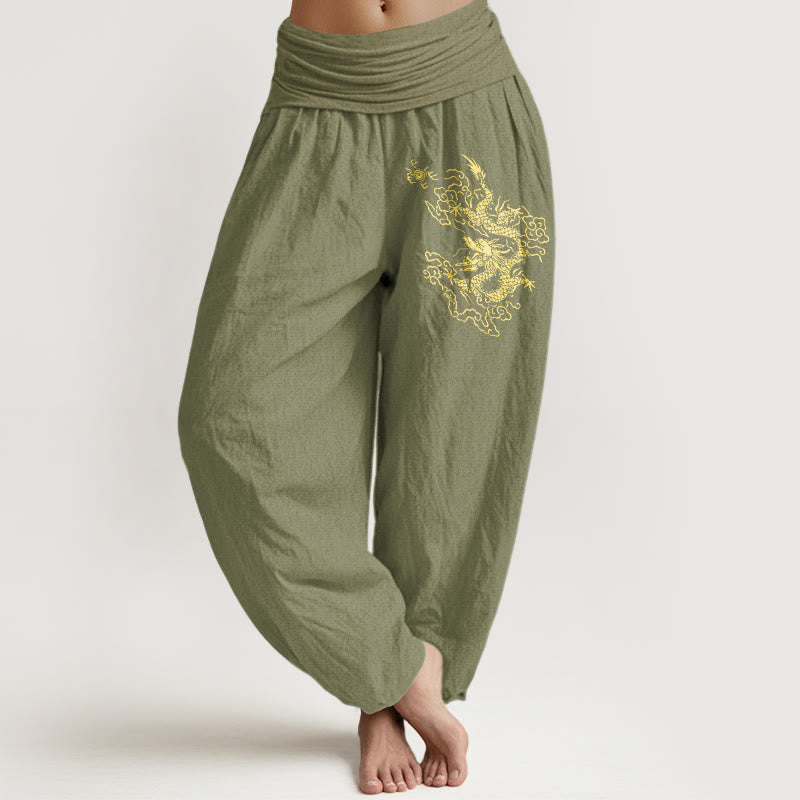 Pantalon sarouel en coton à taille élastique pour femme, imprimé dragon doré et Buddha Stones - Vert olive - US22，UK/AU26，EU54 (6XL) - image 14