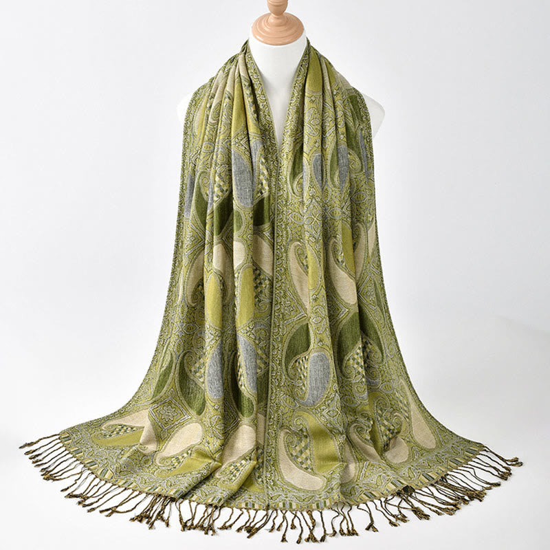 Écharpe confortable à pompons avec motif géométrique de fleurs de cajou et Buddha Stones - JauneVert - 175*70CM - image 0