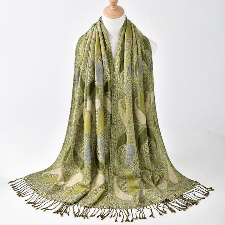Écharpe confortable à pompons avec motif géométrique de fleurs de cajou et Buddha Stones - JauneVert - 175*70CM - image 0