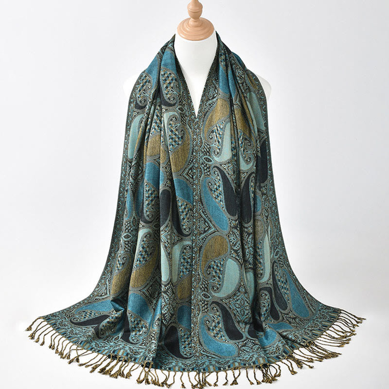 Écharpe confortable à pompons avec motif géométrique de fleurs de cajou et Buddha Stones - CadetBlue - 175*70CM - image 2