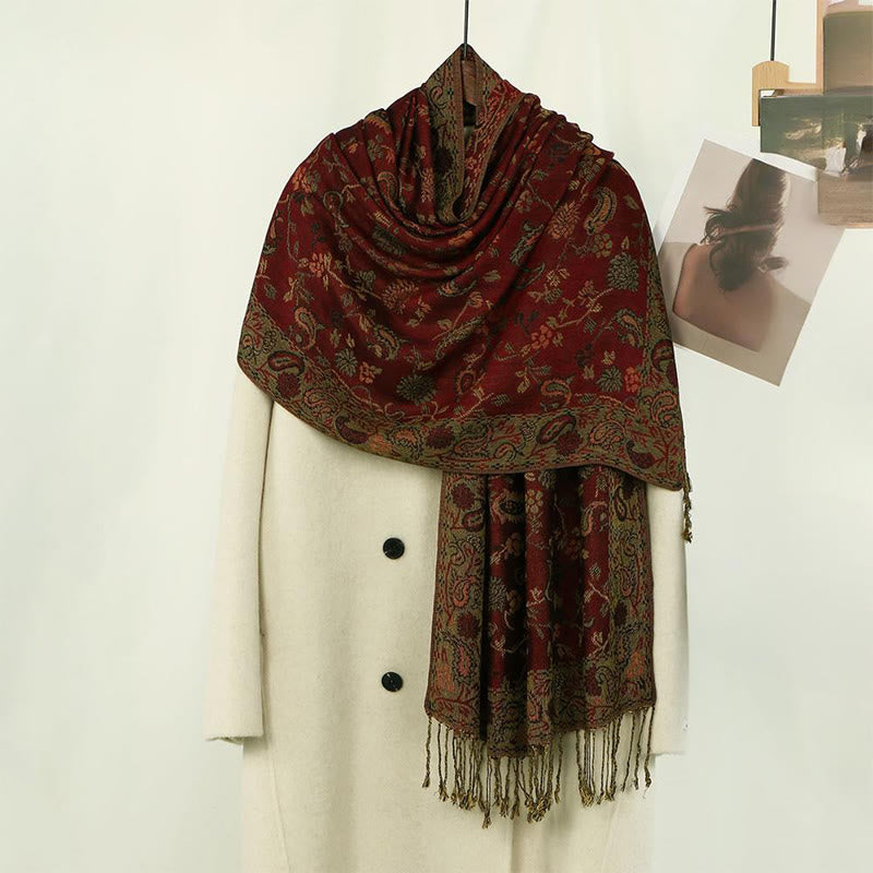 Écharpe douce à pompon avec motif floral et feuilles de cajou rouge foncé, motif Buddha Stones Spring - Rouge foncé 180*70cm - image 0