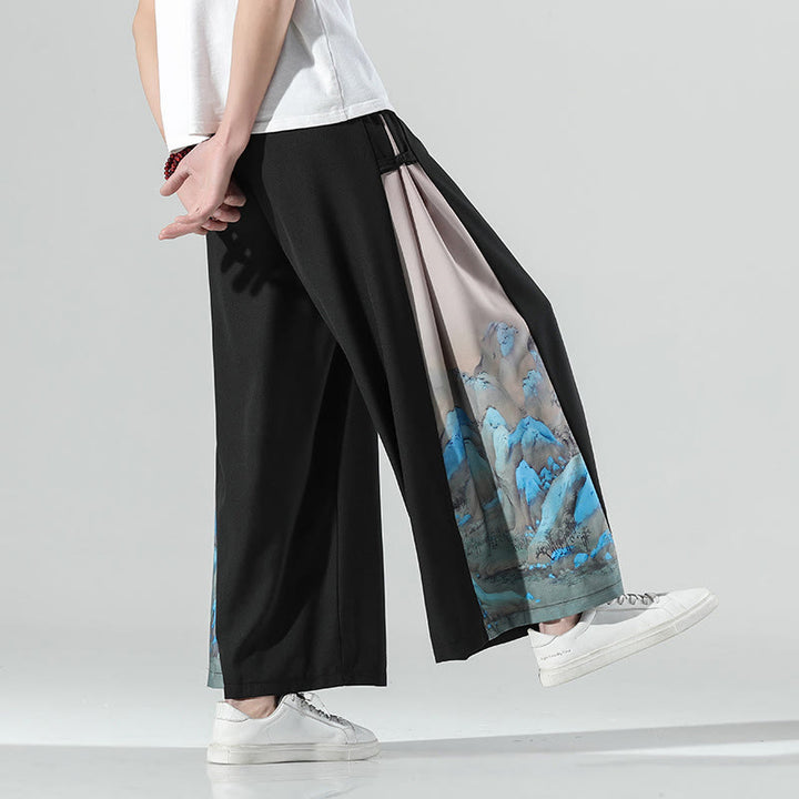 Buddha Stones Pantalon large pour homme à motif montagnes et rivières avec poches - Noir - US/UK/AU46，EU56 (5XL) - image 0