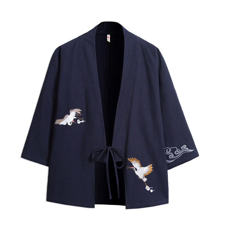 Kimono homme manches trois-quarts brodé avec Buddha Stones et grue blanche et nuages ​​de bon augure - Bleu acier - US/UK/AU46，EU56 (5XL) - image 0