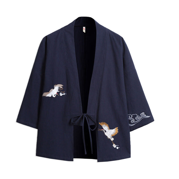 Kimono homme manches trois-quarts brodé avec Buddha Stones et grue blanche et nuages ​​de bon augure - Bleu acier - US/UK/AU46，EU56 (5XL) - image 0