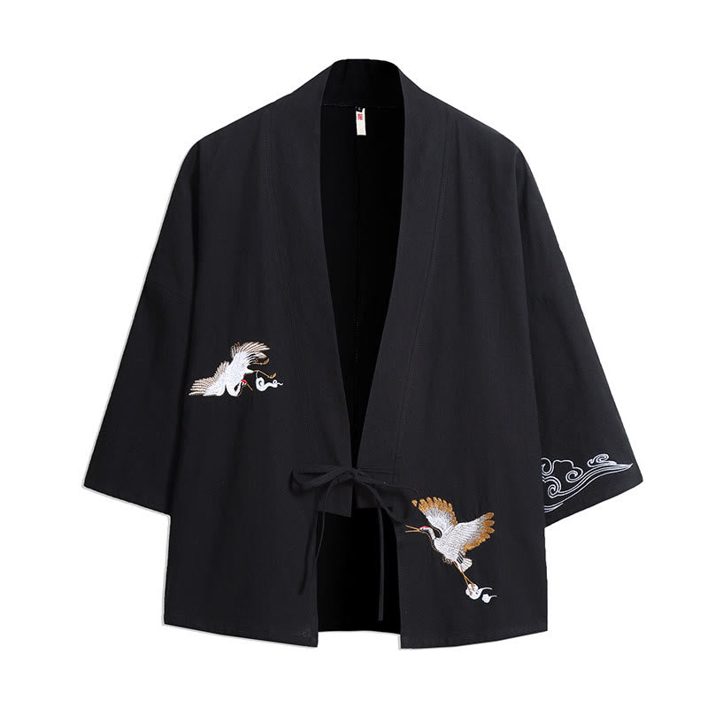 Kimono homme manches trois-quarts brodé avec Buddha Stones et grue blanche et nuages ​​de bon augure - Noir - US/UK/AU46，EU56 (5XL) - image 2